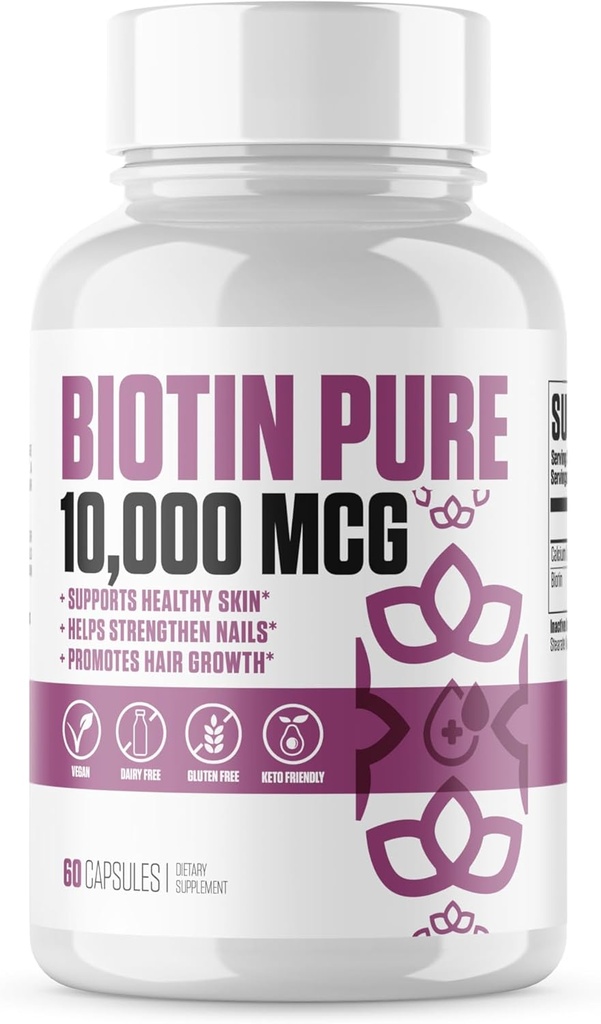 Biotiini Puhdasta 10 000 MCG + kalsiumia #1 Uusi enimmäisannos Biotiini B7 lisäravinteet terveempiä ja pidempiä hiuksia, ihoa ja kynsiä Vegaanikapselit miehille ja naisille - 60 tarjoilua