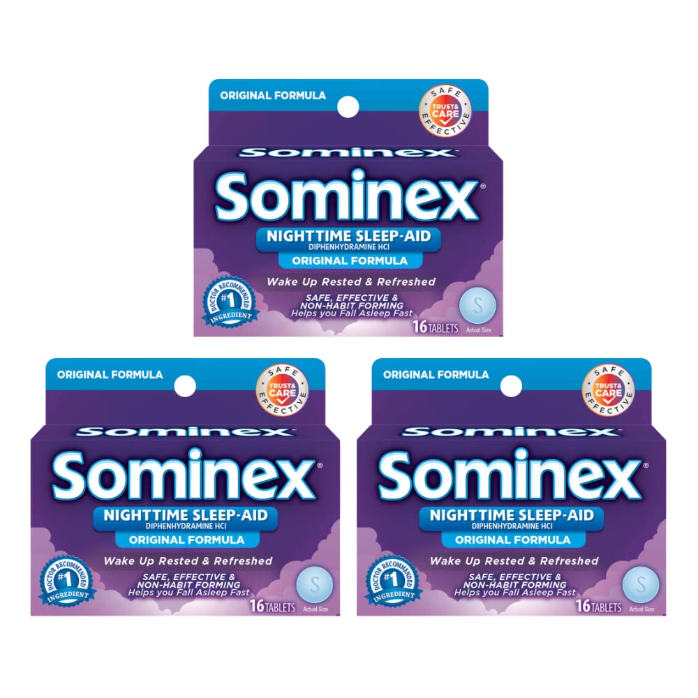 Sominex Maximal Strength Night Time Sleep-Aid | Diphenhydramin HCI | 16-Caplets per Pack | 3-Pack