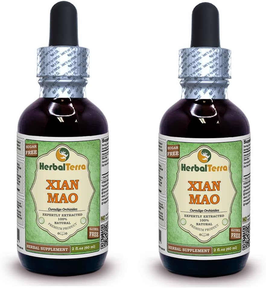Xian Mao, Curculigo (Curculigo Orchioides) Glyseriitti, Luomukuivattu juurijauhe alkoholiton nesteuute (Brandin nimi: HerbalTerra, Proudly Made in USA) 2x2 fl.oz (2x60 ml)