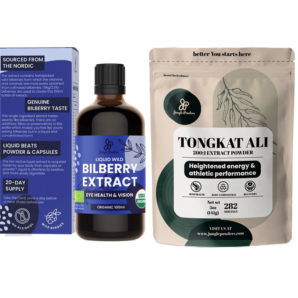 Jungle Powders Tongkat Ali miesten jauheille 200:1 uute 5 Ounce Bag, Wild Bilberry Extract silmät Organic 3.4oz Pullo Mustikka täydentää silmät