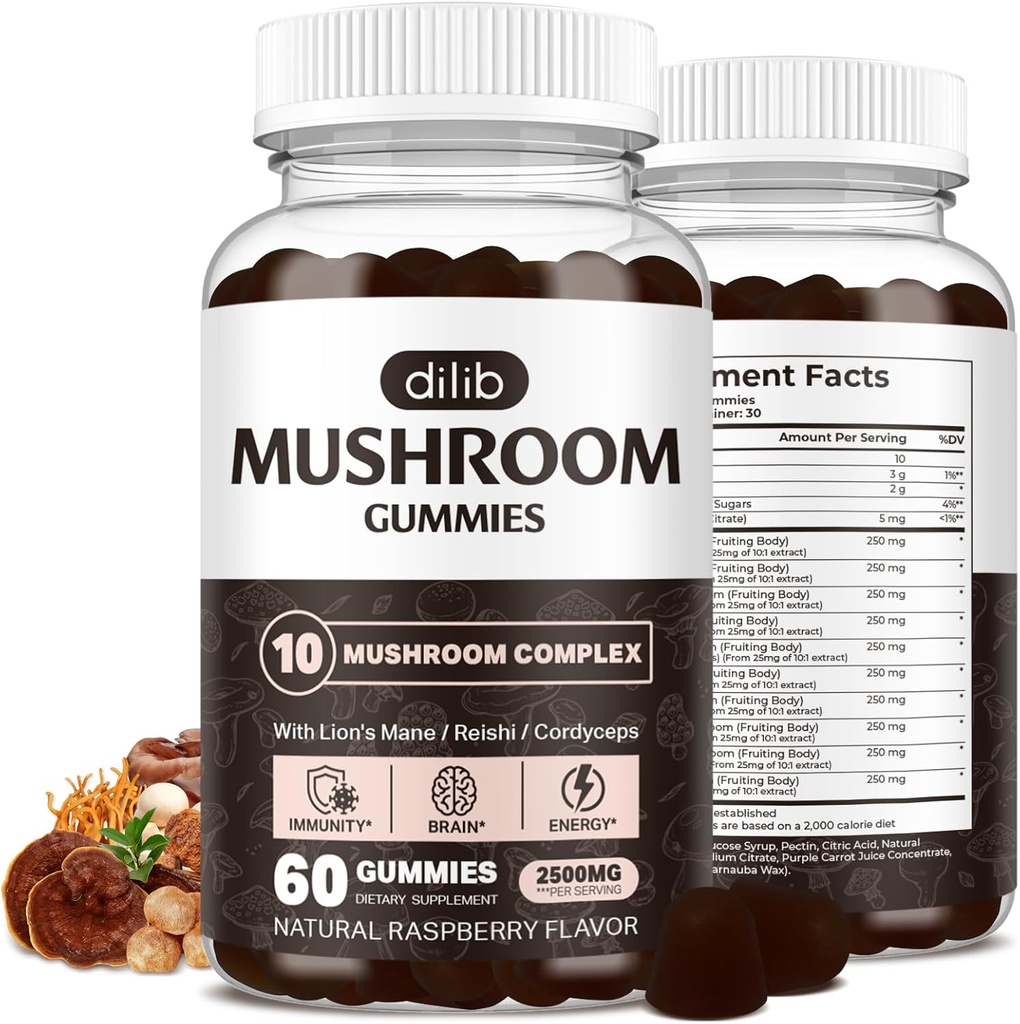 Sieni Gummies 10 Blend sieniä Complex 2500mg Lions Mane, Cordyceps, Turkey Tail, Chaga, Reishi Supplement-Focus, Clarity, Muisti, Energia, Immuuni Tuki-60 Gummies