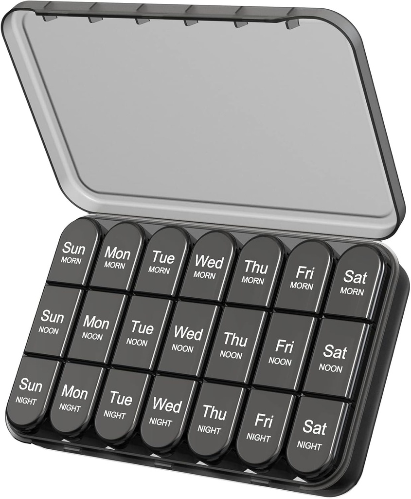 Daviky Pill Organizer 3X a Day, Weekly Pill Box 7 Day, Matka pilleri tapauksessa suuria kontteja, Light-Proof pilleri tapauksessa vitamiineja, lääkkeitä, täydentää ja kalaöljyjä (musta)