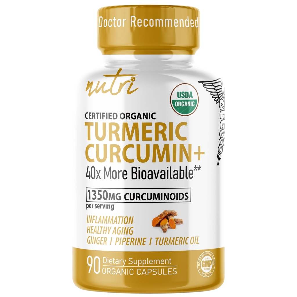 Naturens Fusions Nutri Organic Turmeric Supplement 1425mg - 40x More Bioavailable - 95% Curcuminoids - Turmeric Curcumin med Black Pepper, Ginger & Turmeric Oil - Supplement