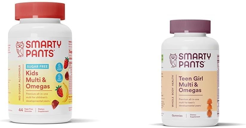 SmartyPants Kids Multivitamiini Gummies, Sokeriton: Omega 3 (ALA) & Teini Girl Multivitamiini Gumies: Omega 3 Kalaöljy (EPA/DHA)
