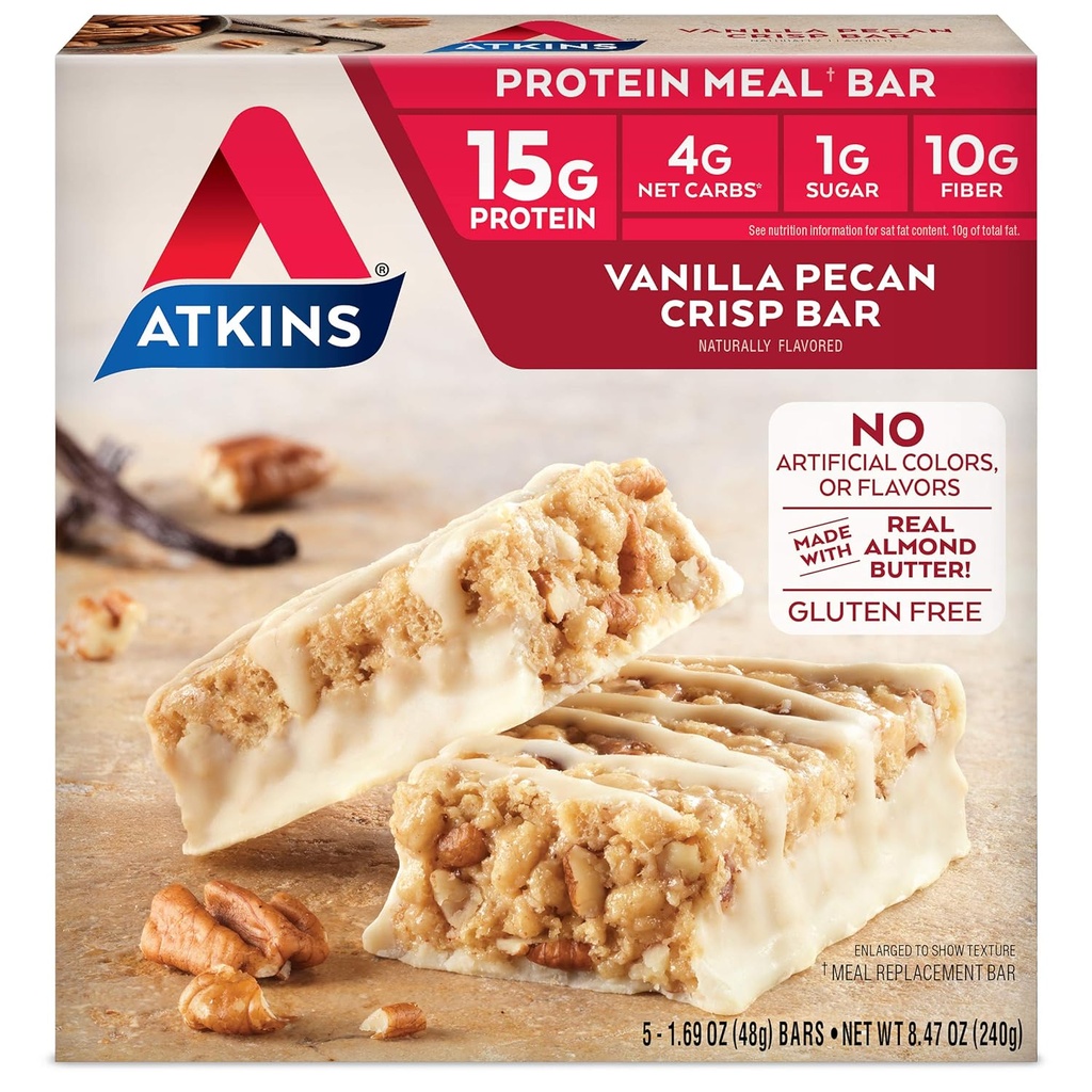 Atkins Vanilla Pecan Crisp Protein Ateriapatukka, korkea kuitu, 1g sokeria, 4g Net Carb Ateriankorvike, Keto Friendly, 5 Count