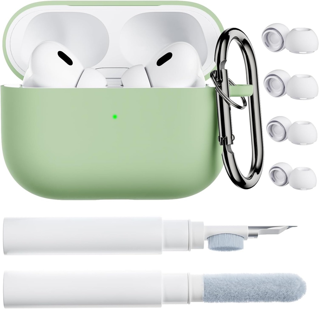 ORNARTO för AirPods Pro 2 Case, kompatibel med AirPods Pro 1st/2nd Generation, Soft Silicone Cover med Cleaner Kit, Eartips Protector & Keychain-Pistachio