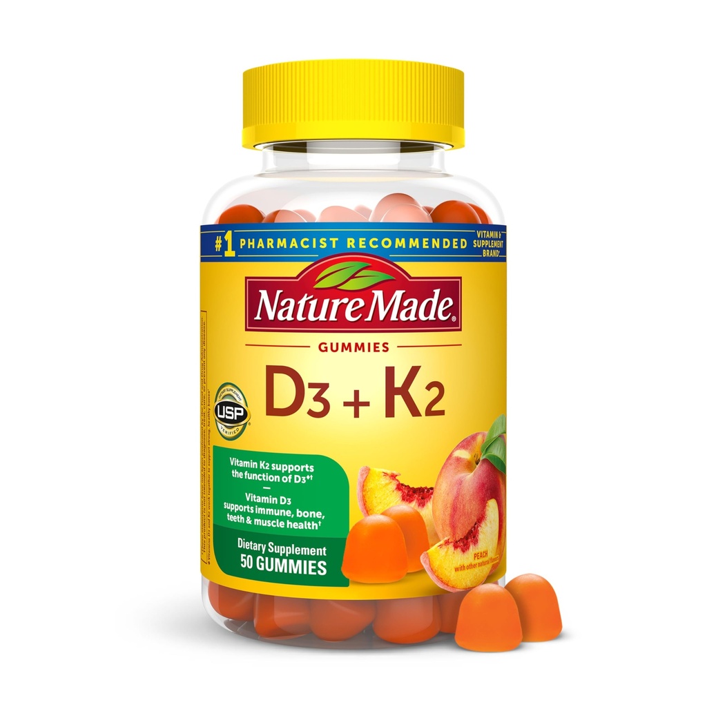 Nature Made D3 K2 Gummies, D-vitamiini 5000 IU per tarjoilu luun, hampaiden, lihasten ja immuuni tuki, 50 gummy-vitamiinia, 25 päivän tarjonta