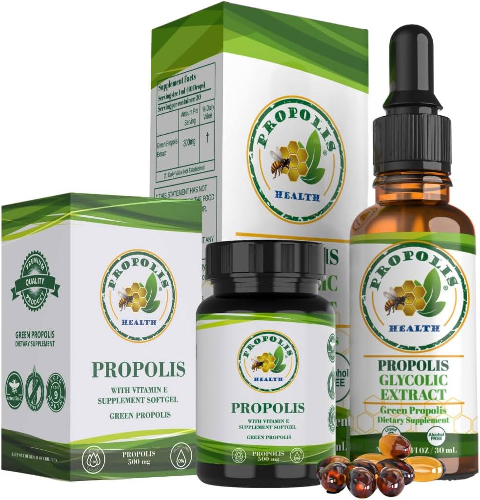 Propolis Health Premium Brazilian Green Propolis Bundle: 1000 mg kapselit, joissa on E-vitamiinia ja Green Propolis -uutetta Liquid - 50 päivää kapseli & 30 päivää nestemäistä Supply for Immune Support