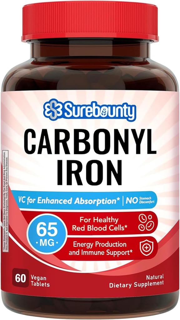 Carbonyl Iron, luonnon C-vitamiinia, Hellä vatsa, korkea imeytyminen, Punainen verisolu toiminto, energiatuki, Vegan, 60 Tabs