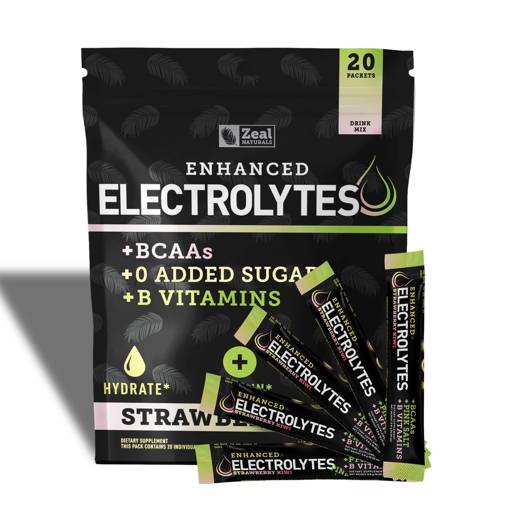 Enhanced Elektrolyyttijauhe Stick Packs (Strawberry Kiwi ... 20 Packets) w/ 0 Sokeri + BCAAs + B- Vitamins Elektrolyytti Supplement w Kaliumsinkki & Magnesium for Hydration - Keto Elektrolyytit