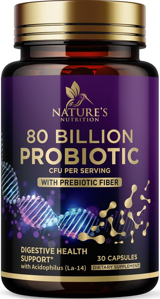 Probiootti Supplement 80 miljardia PMY + Prebiootit, Acidophilus Probiootti tukee Immuunijärjestelmä & Ruoansulatuselimistö, tukee satunnainen Ummetus, Supplement for Women Feminine Health - 30 kapselia