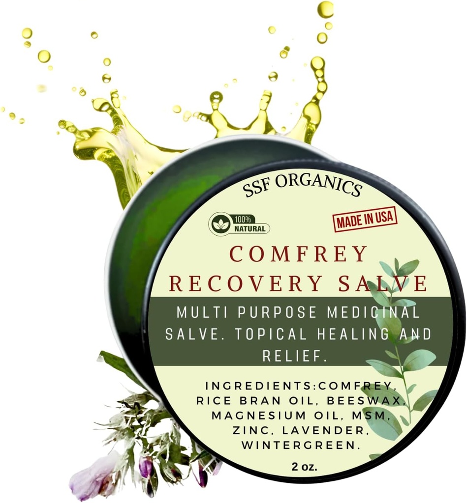 SSF Organics Comfrey Recovery Salve. Organisk växtbalm för ben, muskler, gemensamma, knän, hud, svullnad och tatuering vård. Handgjord, långsam infuserad. Inga kemiska filler. 2 oz
