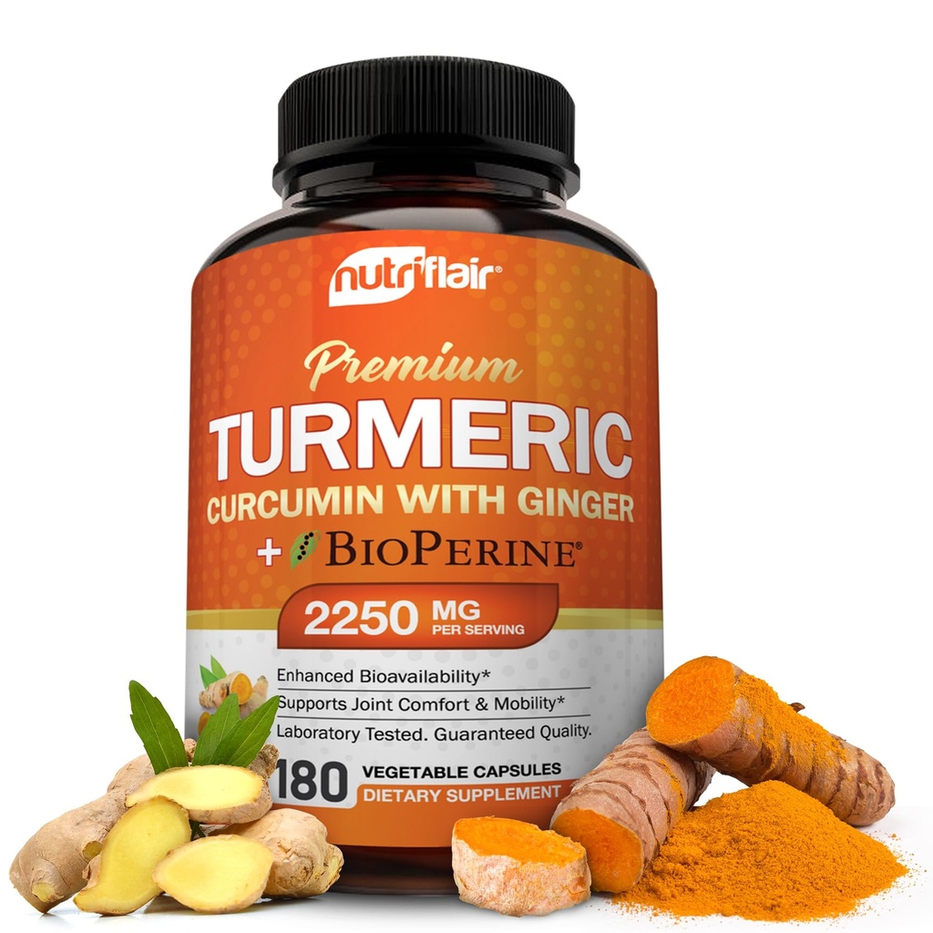 NutriFlair Turmeeric Curcumin with inkivääri ja BioPerine Black Pepper Lisäravinteet, 180 kapselia - 95% Curcuminoidit - Joint Support, Antioksidantti, Anti ikääntyminen - Luonnollinen, ei-GMO, Vegan paras maksimaalinen vahvuus