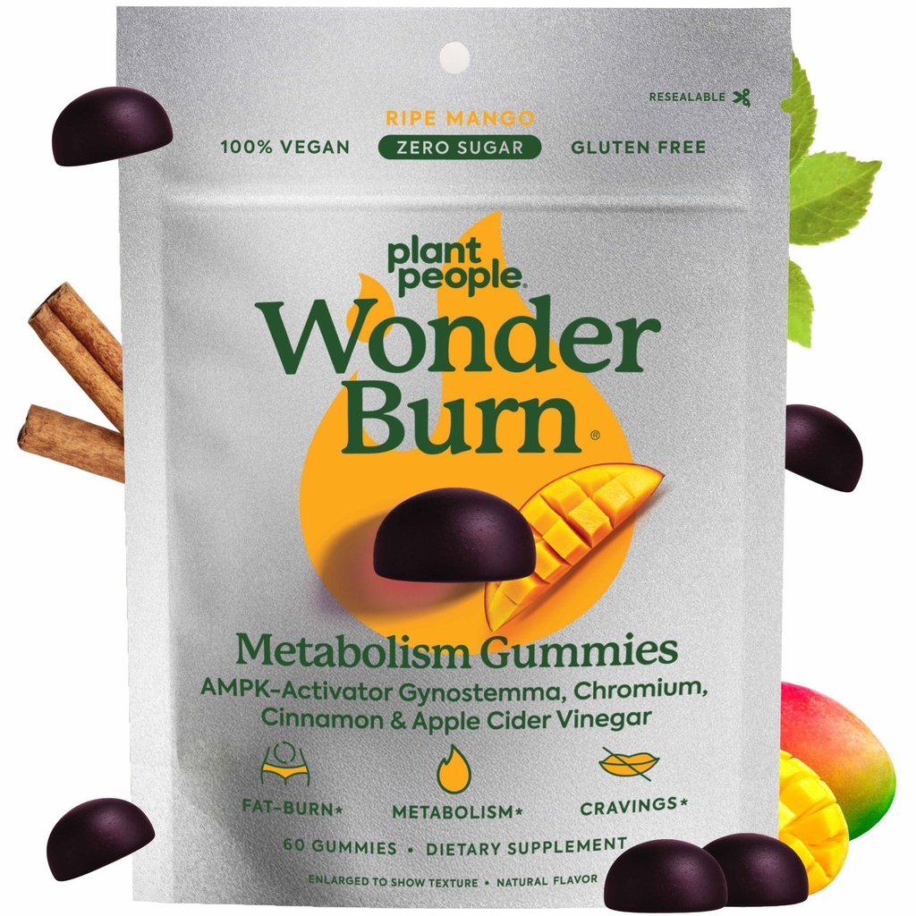 Plant People WonderBurn Metabolia & Cravings Control Gummies, Nollasokeri, ryppy mango maku (60 kreivi)