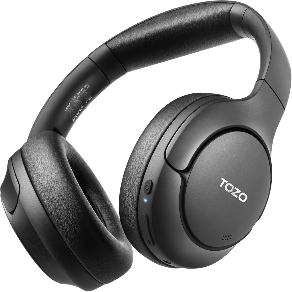 TOZO HT2 Hybridi Aktiivinen melu Canceling kuulokkeet, Langaton korva Bluetooth kuulokkeet, 60H Playtime, Hi-Res Audio Custom EQ kautta App Deep Bass Mukavuus Fit korva cups, kotitoimisto Travel Black