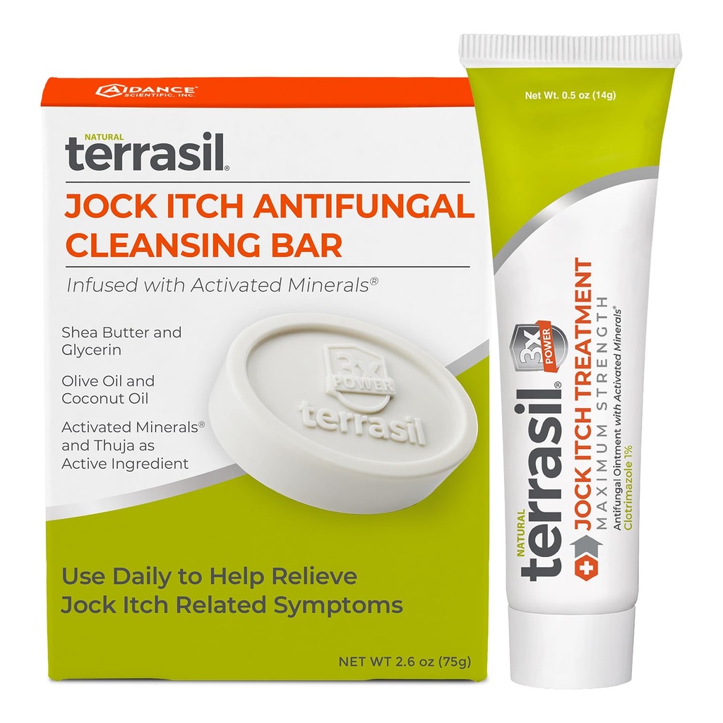 Terrasili Jock Itch Sienilääke Cream Extra Strength + sienilääkesaippua 2- Product Care Kit kliinisesti todistettu Clotrimatsoli tehokas Jock kutina hoito & Relief (.5oz Tube + 75g bar)