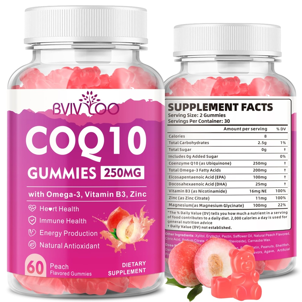 Sugar-Free CoQ10 Gummies 250mg, Plus Omega-3, Vitamin B3 & Zink, Magnesium - Hög Absorption Coenzyme Q10 Kosttillskott för hjärthälsa, cellulär energi och antioxidantstöd, 60 Count