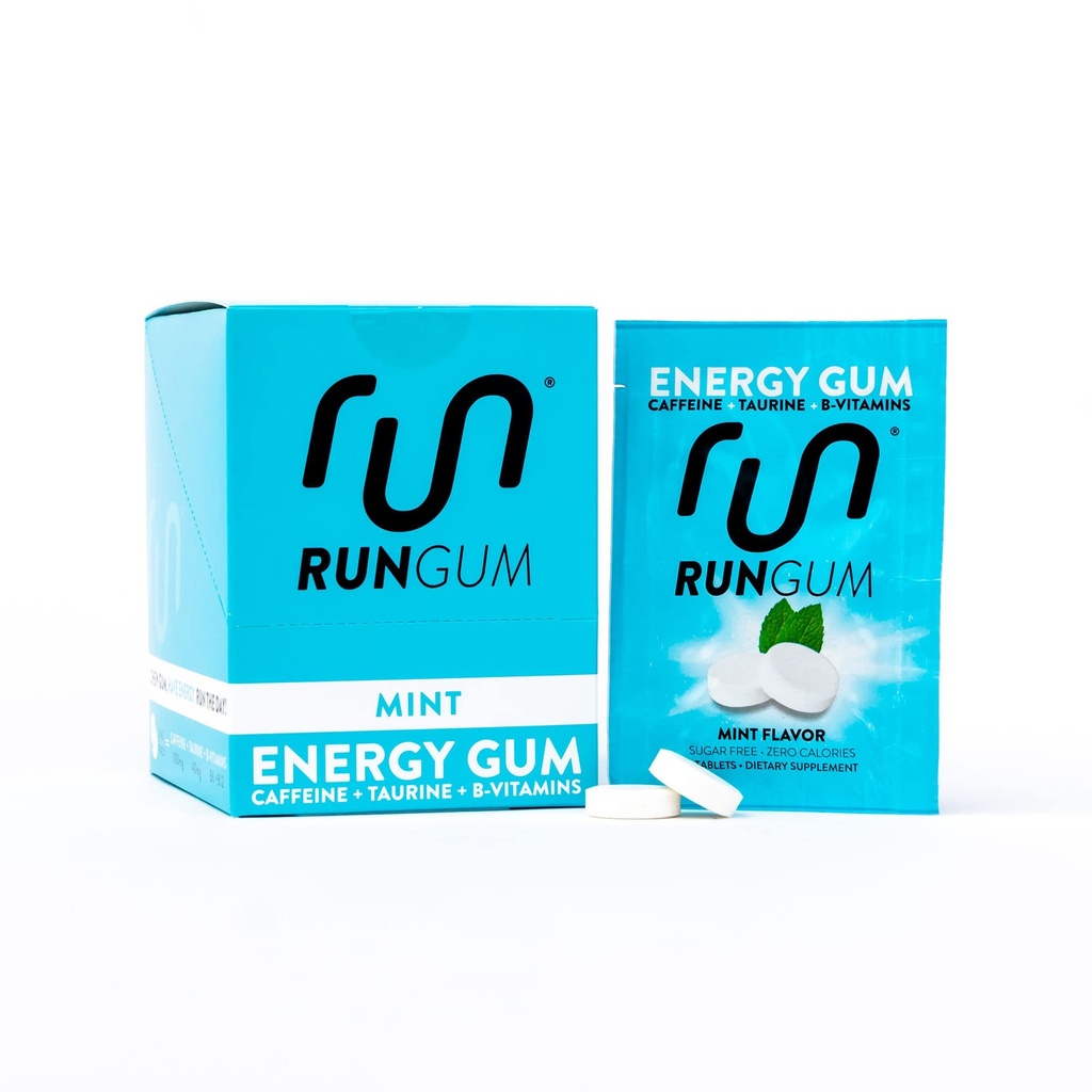RUN GUM Mint Energy Gum 50mg Kofeiini Tauriini & B-vitamiinit Per pala, 24 kappaletta (pakkaus 12), 2 kappaletta = 1 kahvi- tai energiajuoma, sokeriton, nollakalori