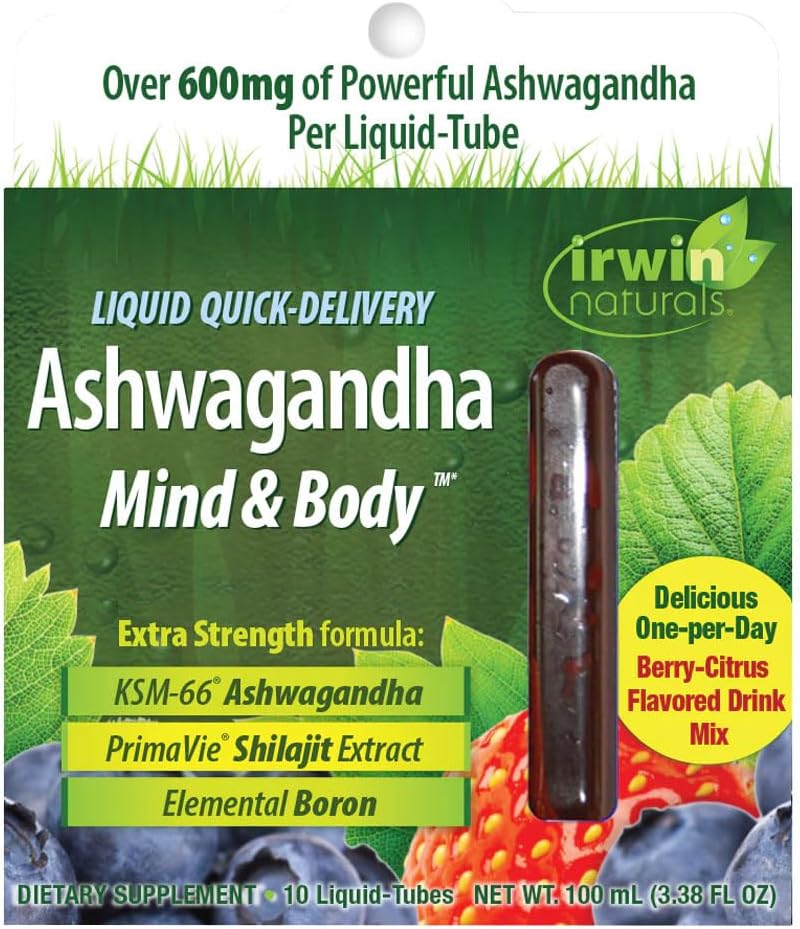 Irwin Naturals Liquid Quick-Delivery Ashwagandha Mind & Body - 10 Liquid-Tubes - Boosts Physical & Mental Performance - One-Per-Day Berry-Citrus aromid Drink Mix
