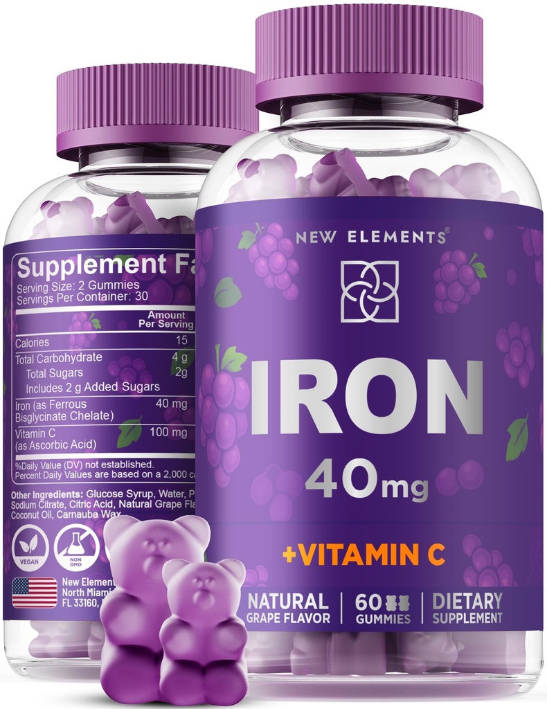 Järn Gummies 40mg med vitamin C 100mg - Bästa järntillskott för kvinnor, män och vuxna - Gratis blodbyggare för Anemi - Immun Support & Energy Booster | Fruit Pectin | Vegan | Icke-GMO