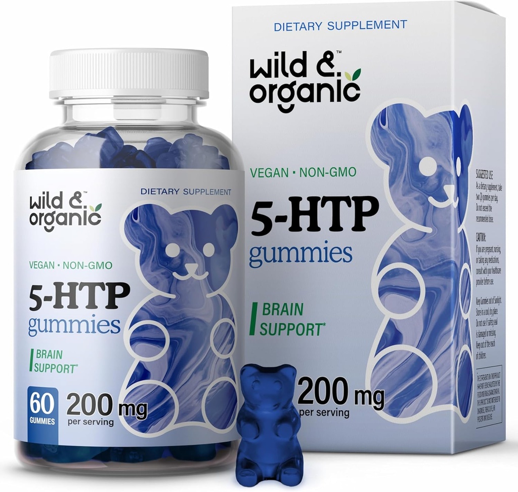 Wild & Organic 5-HTP 200mg Mieliala Gummies - L-Tryptophan rentoutumista ja luonnon rauhoittaa - 5 HTP täydentää aivojen tukea - 60 Vegan, ei-GMO 5HTP Gummies