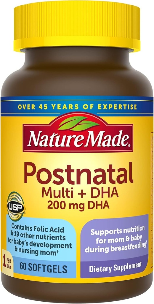Nature Made Postnatal Multivitamiini + DHA 200 mg, 60 Softgels, tukea hoitoäidit ja vauvat aikana imetys, postnatal vitamiineja ja ravinne sisältää rautaa, D3-vitamiinia, kalsiumia, jodi