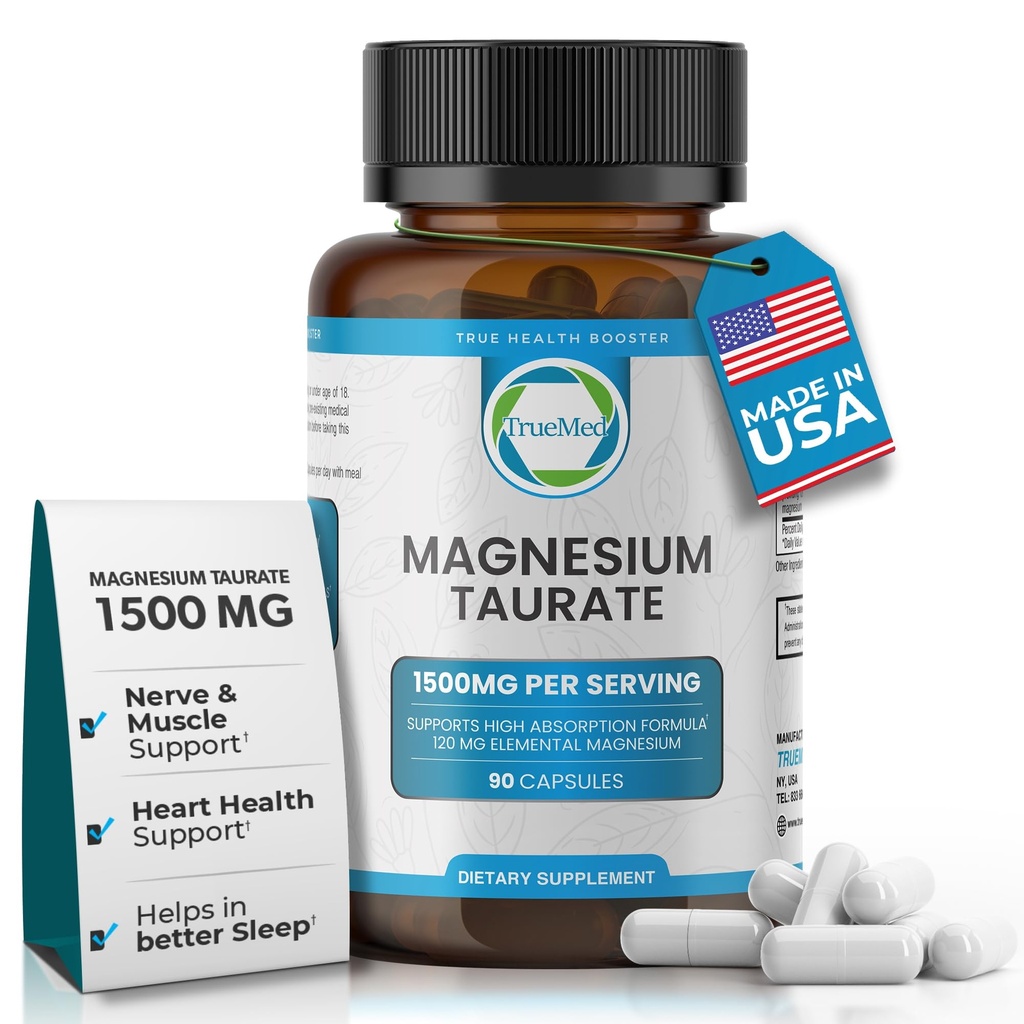 Natural Magnesium Taurate Supplement 1500 mg 90 kapselia - 30 päivää Supply for Sleep Support, Heart Health, Rentoutuminen, Verenpainetasapaino ja energia Boost
