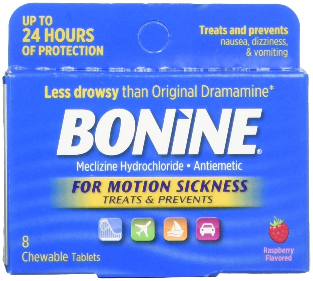 Bonine for Motion Sairas purutabletti, vadelma maku, 8 Jokainen