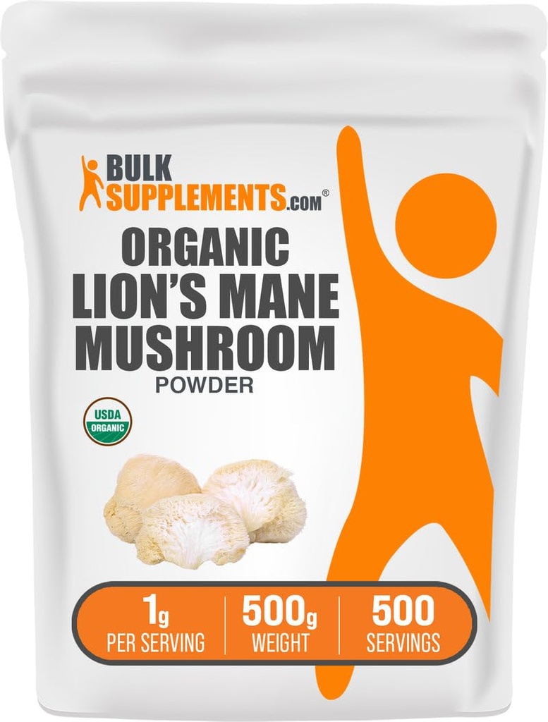 BulkSupplements.com Organic Lions Mane Mushroom Powder - Lions Mane Powder, Mushroom Supplement - Vegan & Gluten Free, 1g per Servering, 500g (1.1 lbs) (Pack av 1)