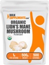 BulkSupplements.com Organic Lions Mane Mushroom Powder - Lions Mane Powder, Sieni Supplement - Vegan & Gluteeniton, 1g per Tarjoilu, 500g (1,1 lbs) (Pakkaus 1)