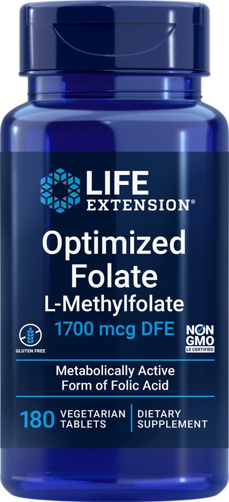 Life Extension Optimoitu Folaatti (L-Metyylifolaatti) 1700 mikrog DFE, 180 Veg tablettia