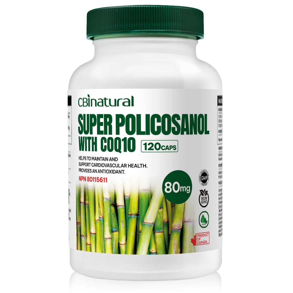 Super Sugarcane Policosanol 80 mg med Q10 30 mg, 120 Vegetabiliska kapslar, Heart & Cholesterol Support, 4-månaders leverans, icke-GMO, Gluten Free