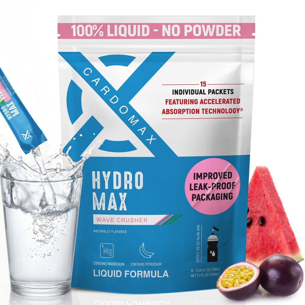 CardoMax Hydromax Elektrolyytti-juoma-sekoitus Wavecrusher Maku 15 nestemäistä pakkausta, kaliumia ja magnesiumia.
