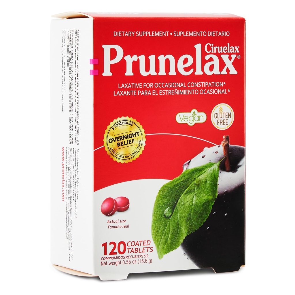 Prunelax Ciruelax Regular Strength Laxative Mini Tablets - Övernattningshjälp för yrkesmässig förstoppning, Senna Extract, Vegan & Gluten-Free, Gentle Relief - 120ct