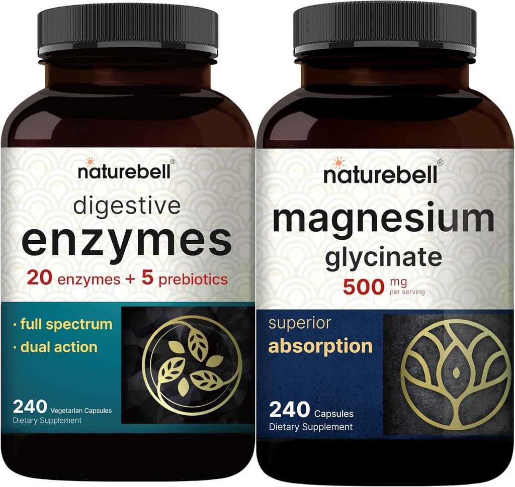 Magnesium Glycinate kapselit 500 mg, 240 Count - 100% Celated & Puhdistettu . Ruoansulatuskanavan entsyymit prebiootit, 240 Veggie kapselit - 20 Enzyme & 5 Prebiootti haimakompleksi