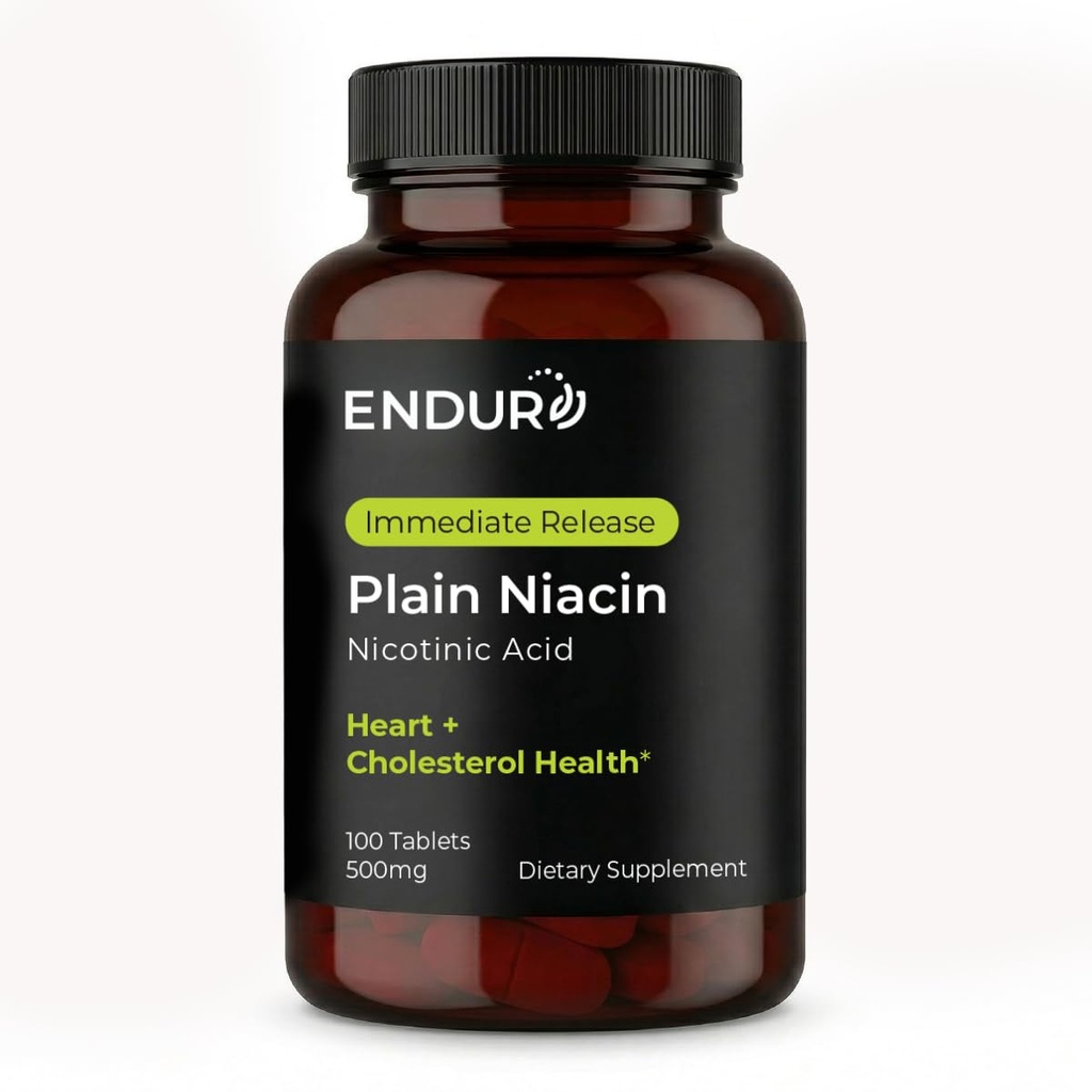 Endur Plain Niacin (Nikotinic Acid), Heart Health & Healthy Cholesterol Balance Supplement, välittömästi release Formula, gluteeniton, 500 mg (100 tablettia)