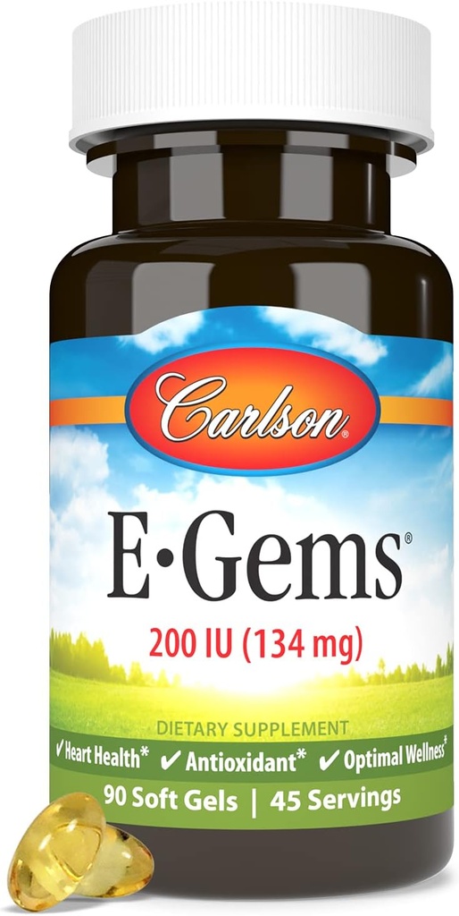 Carlson E- Gems 200 IU (134 mg), Natural- Source E-vitamiini, Optimaalinen hyvinvointi, 90 pehmeää geeliä