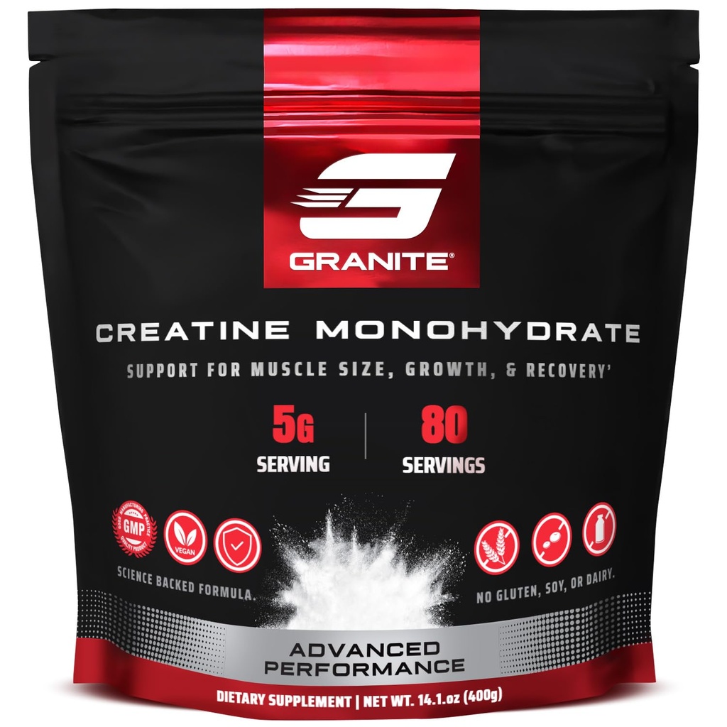 Graniittikreatiini Monohydraatti, tukee vahvuus, Endurance, & lihasten Recovery, Creatiini miehille ja naisille, soijaton, maitotuotteeton, gluteeniton (80 tarjoilua)