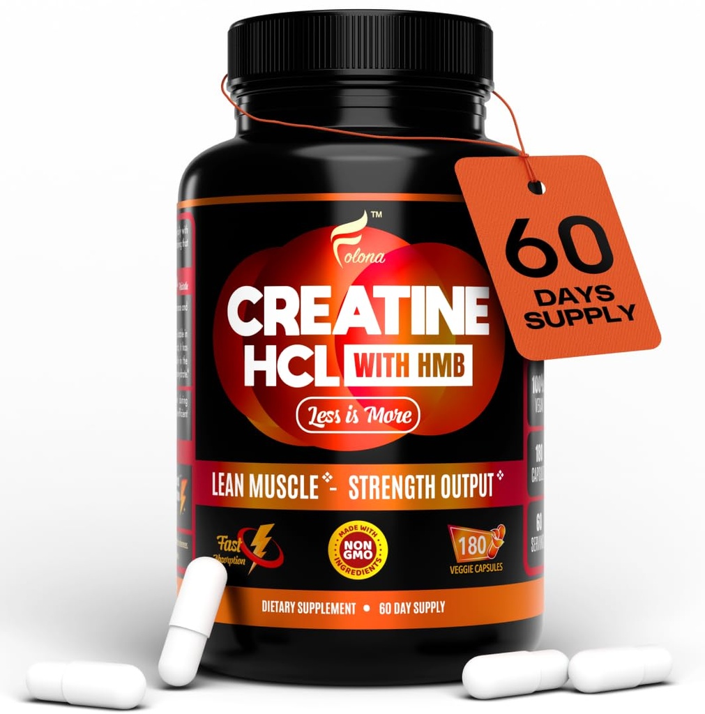 Kreatin HCL kapslar med HMB - Träning Supplement för män och kvinnor, muskelbyggare, uthållighet, styrka, överlägsen monohydrat: Instantized för Max Absorption, ingen last, ingen blöt, 180 Vegan kapslar