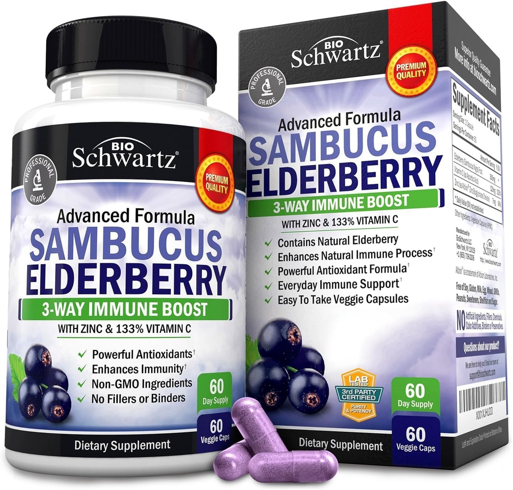 BioSchwartz Elderberry kapselit 60 Count + Omega 3 kalaöljy 90 Count Bundle
