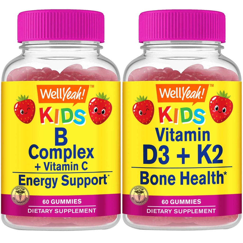 Väl Yeah B Complex Kids + Vitamin D3 + K2 Kids, Gummies Bundle - Great Tasting, Vitamin Supplement, Gluten Free, GMO Free, Chewable Gummy