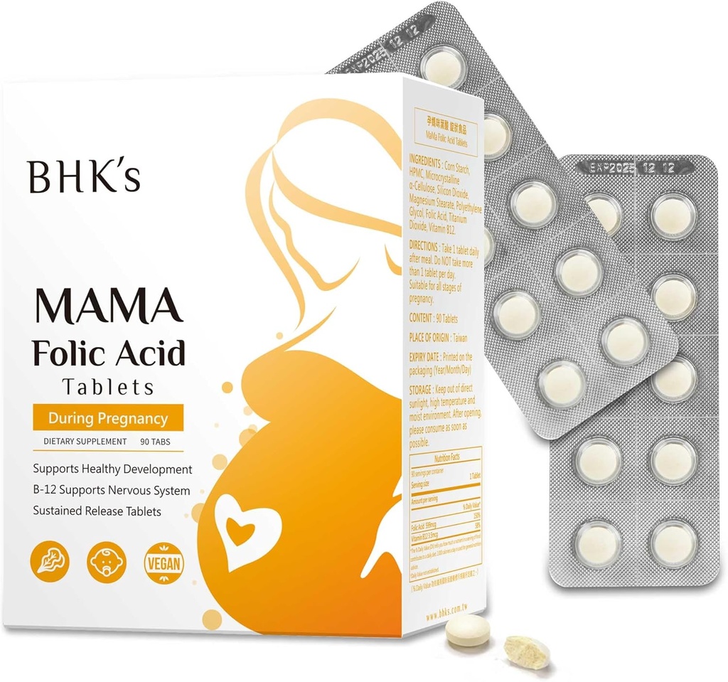 BHK: s folsyra, innan under graviditeten, stödja baby nervsystemutveckling, viktiga vitaminer för mamma och baby, 90 tabletter