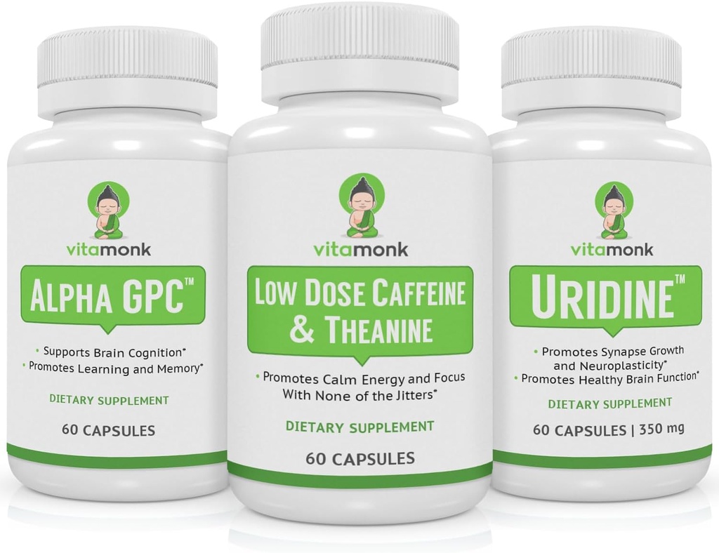 VitaMonk Brain Boost Bundle - Alpha GPC, Uridiini ja pieni annos kofeiini + L-Theanine Duo