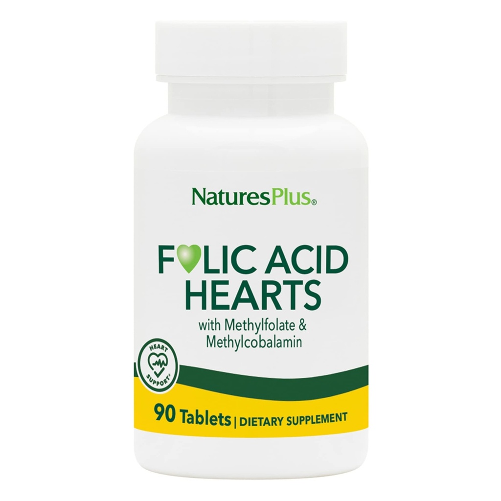 NaturesPlus Folic Acid Hearts (Metyylifolaatti) - 400 mikrog, 90 kasvistablettia - B6-vitamiinia ja B12-vitamiinia (metyylikobalamiinina) - Gluteeniton - 90 tarjoilu