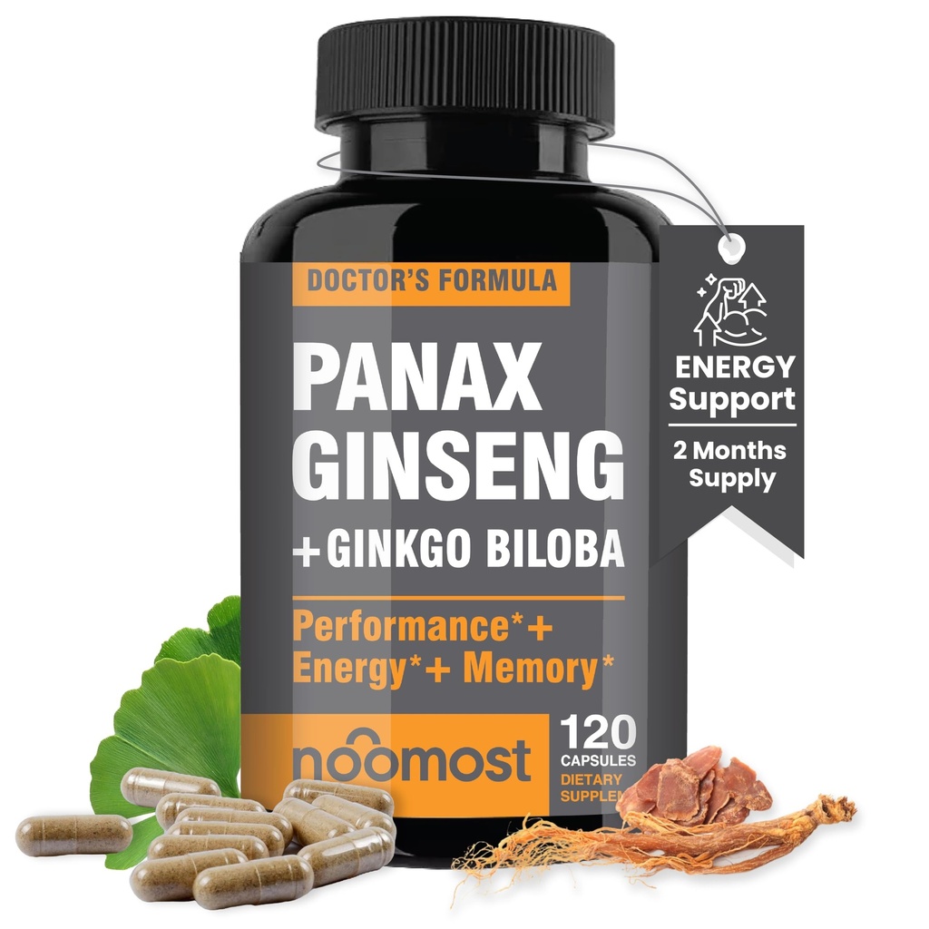 NooMost Authentic Korean Red Panax Ginseng + Ginkgo Biloba, 120 vegan kapselia, Ginseng juuriuutejauhe 1000 mg (10% Ginsenosidia) + Gingko Biloba 60mg, energia ja Focus pillereitä miehille ja naisille