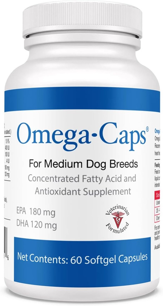 Omega-kapselit keskikokoisille koiraroduille - Omega 3, vitamiinit, mineraalit, antioksidantit - Tuki immuunijärjestelmä, nivelet, sydän ja aivot - 60 Softgel kapselit