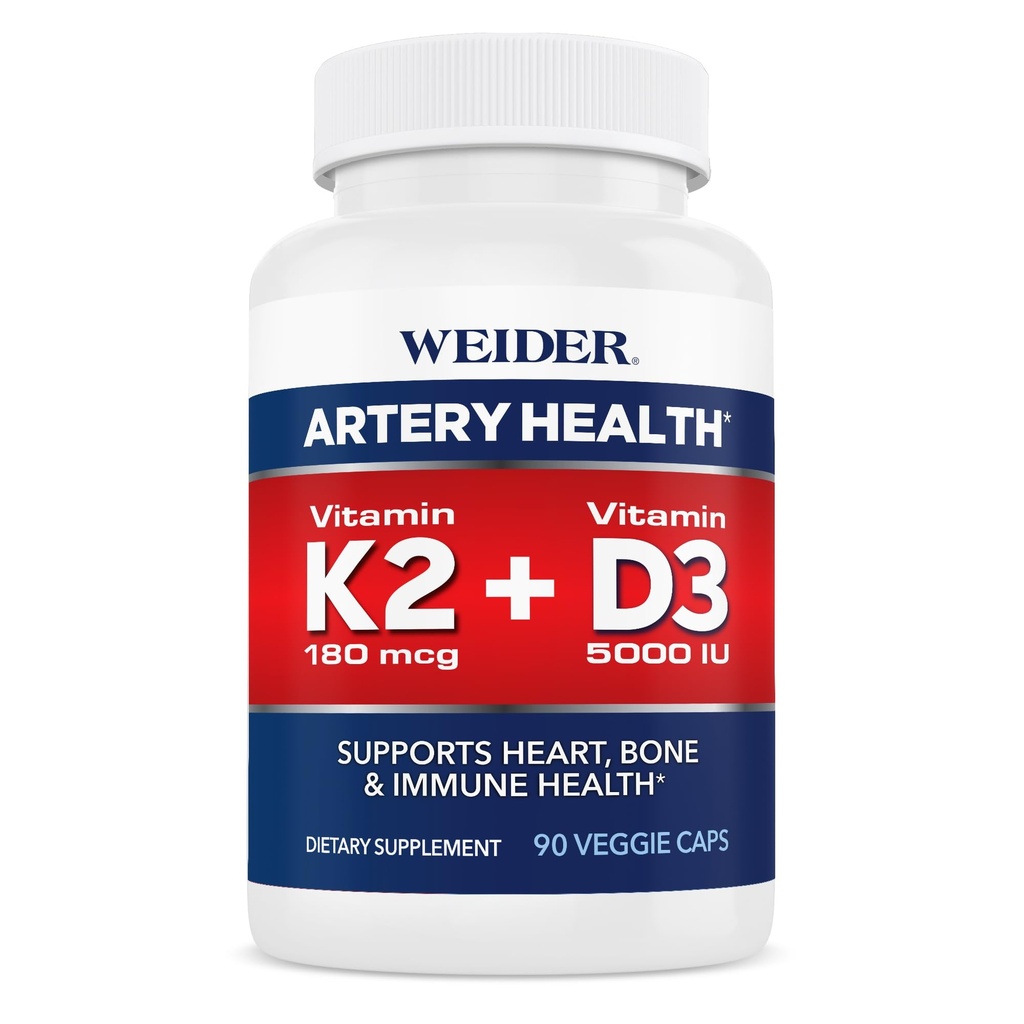 Weider Artery Health Supplement, K2-vitamiini (180 mcg) & D3-vitamiini (5000iu), 90 kasviskapselia