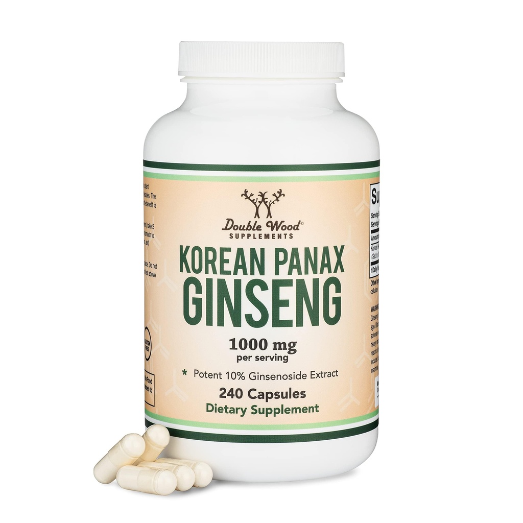 Ginseng Capsules (Korean Red Ginseng Extract, Panax Ginseng 10% Ginsenosides) (4 Month Supply) 240 Vegan kapslar - 1000mg per portion för humör, kognitiv funktion och energistöd av Double Wood