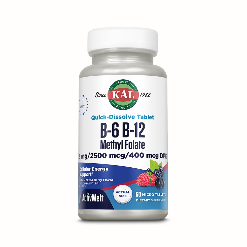 KAL-vitamiini B-6 B-12 Methyl Folate ActivMelt, B-vitamiinin täydennysosa, sydämen terveys, energia ja punainen verisolu tuki metyyli B12 ja DFE Folic Acid, Natural Berry Flavor, 60 Tarjoilua, 60 Micro Tabs