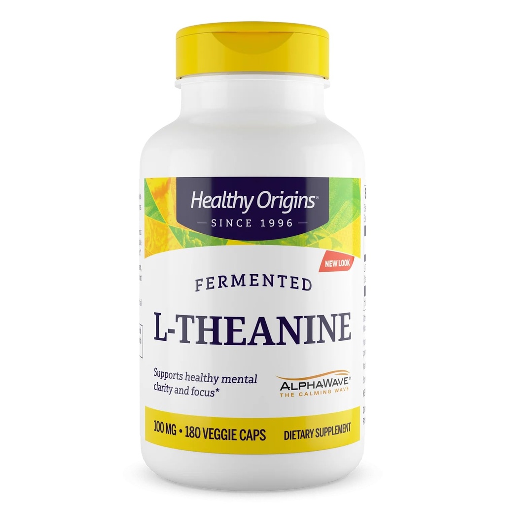 Terveellinen alkuperä L-Theanine 100 mg (AlphaWave, tukee rentoutumista ilman uneliaisuutta, aivotuki, ei-GMO, gluteeniton), 180 kasviskapselia